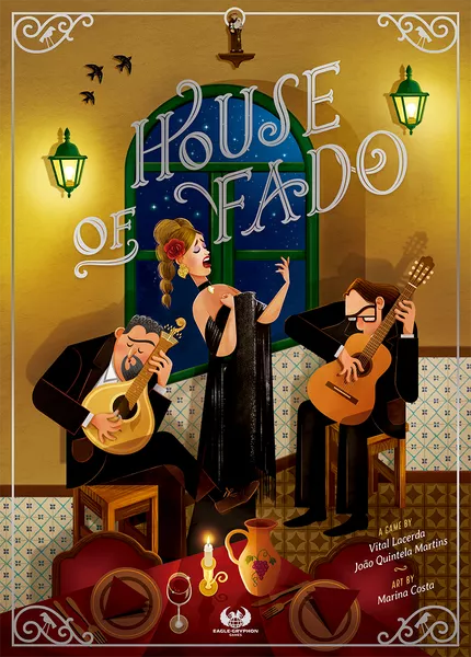Illustrated poster of a musical trio immersed in Portuguese culture inside the "House of Fado." A woman sings while two men play string instruments, evoking a nostalgic charm. The warm candlelight adds intimacy, with a window revealing the night sky. Artwork by Marina Costa.
