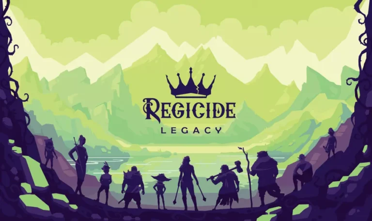 Silhouettes of various fantasy characters stand in front of a green, mountainous landscape with the text "Regicide Legacy" prominently displayed above them. The scene conveys an adventurous and mysterious atmosphere, hinting at a campaign destined for success.