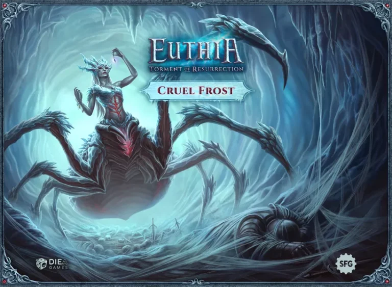 A dark, icy cave scene reveals a spider-like creature with a female upper body at the forefront. She holds a gem and sits in a web, surrounded by frosty details. Text reads "Euthia: Torment of Resurrection - Born of Kickstarter's Cruel Frost.