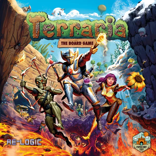Cover art for "Terraria: The Board Game" showcases a knight, an archer with a sunflower, and a cave creature amidst a vibrant landscape of floating islands and creatures. This sandbox game adventure is brought to life with logos from Re-Logic and Paper Fort Games.