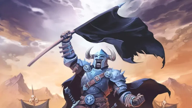 A horned warrior clad in spiked armor stands triumphantly, hoisting the Black Flag against a dramatic sky. The backdrop of rugged mountains and swirling clouds creates an epic, fantasy-like scene reminiscent of a Kobold Press adventure.