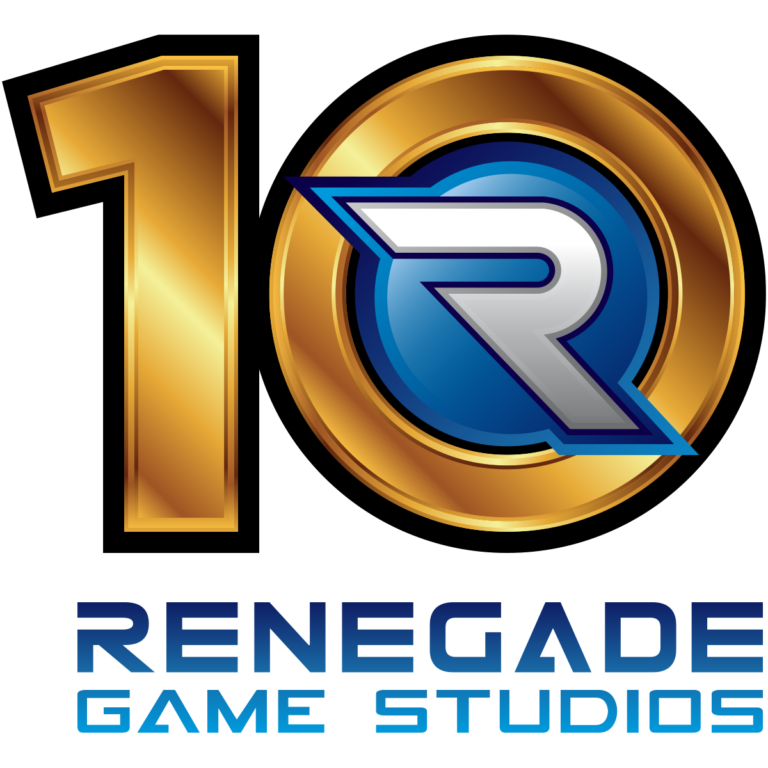 A stylized gold number 10 with a blue and silver emblem featuring a bold "R" marks the Renegade Game Studios' 10th Anniversary. Below, gradient blue text is partially visible against a black background, perfectly capturing the spirit of their celebrations.
