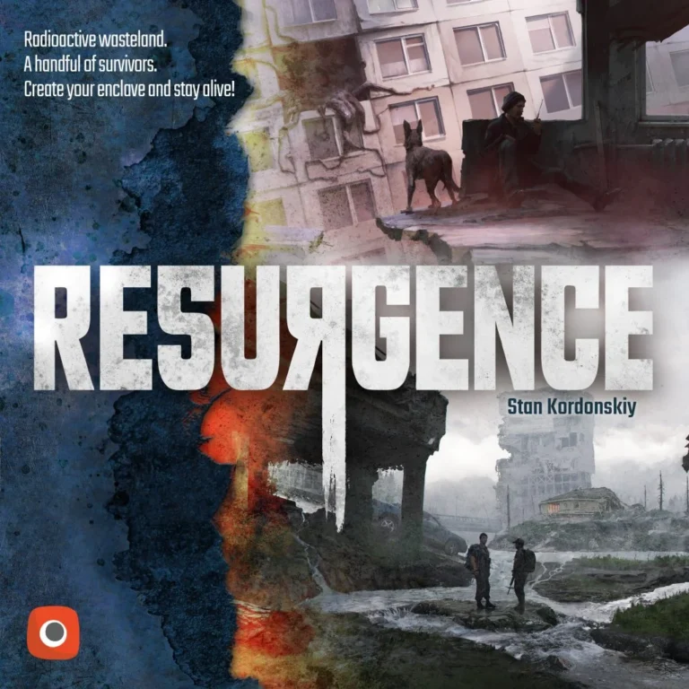 Cover art of "Resurgence" board game by Stan Kordonskiy, featured in Portal Games' new releases at Essen Spiel 2024. The split scene shows a dystopian cityscape with a dog and person above, and two figures in a ruined landscape below. Text reads: "Radioactive wasteland. A handful of survivors. Create your enclave and stay alive!