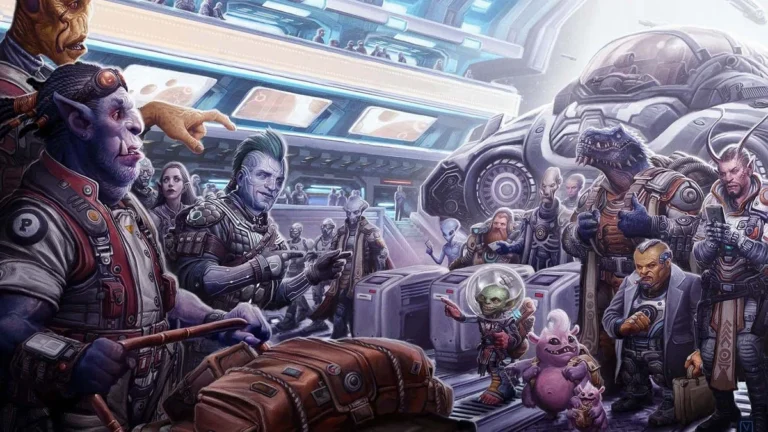 A bustling futuristic spaceport reminiscent of Starfinder’s Second Edition, with diverse alien species from Paizo releases. Creatures with various skin tones and features gather around, interacting. Advanced architecture and technology fill the background as a small green alien gestures at a pink creature nearby.