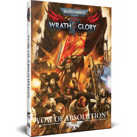 The cover of "Warhammer 40,000: Wrath & Glory - Vow of Absolution" by Cubicle 7 bursts with a dynamic battle scene full of armored warriors brandishing weapons and a banner. The title is prominently displayed at the top, hinting at thrilling upcoming releases in 2024.