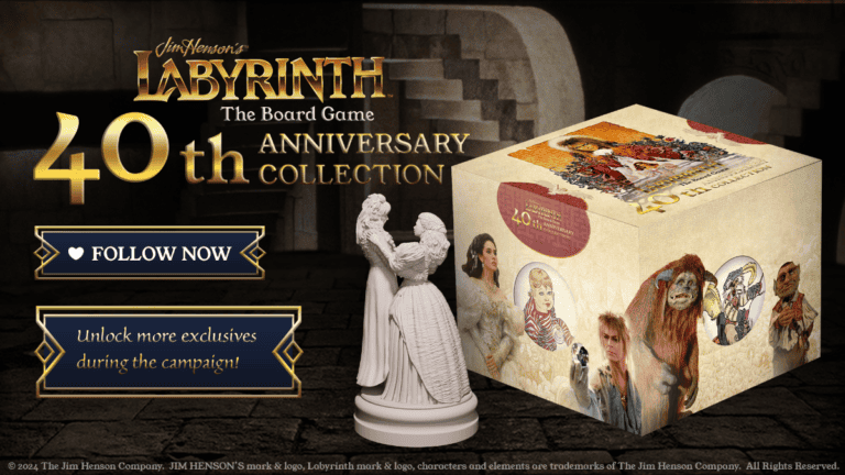 Promotional image for Jim Henson's Labyrinth: The Board Game Collection 40th Anniversary Edition. Showcases a box with film characters, a detailed game piece, and text highlighting exclusive content available during the campaign.