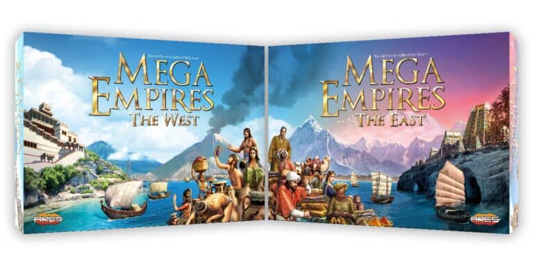 Box art for the board game "Mega Empires" from Colossus Games, featuring historical figures and scenes. The left side shows western elements like a pyramid and ships, while the right side depicts eastern elements such as a temple and traditional boats, embodying the Mega Empires Series.
