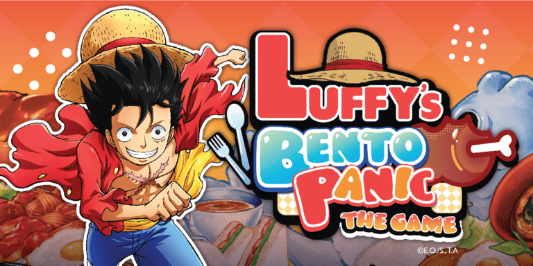 Colorful game poster featuring a cartoon character with spiky black hair and a straw hat. The title reads "Luffy's Bento Panic: The Game," reminiscent of an exciting One Piece Game, while images of bento boxes and meats add flavor to the background. The character stands with a playful, determined expression.