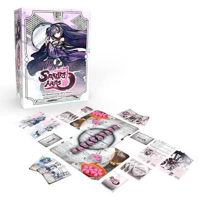 The image features the board game "Sakura Arms" by Level 99 Games, part of the Japanime Games catalogue. The box showcases anime-style artwork of a female character, with game components like cards, tokens, and a central board spread out, exemplifying their distinct game lines.