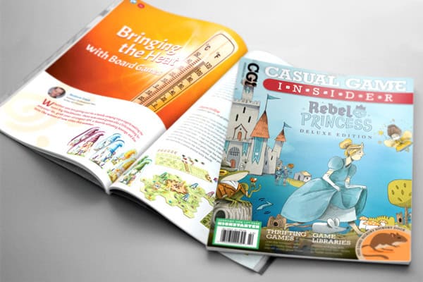 Two magazines rest on the table. One is open, unveiling colorful illustrations and an article titled "Bringing the Heat with Board Games." Celebrating its 13th year, "Casual Game Insider" showcases a playful illustration of a princess on its cover.