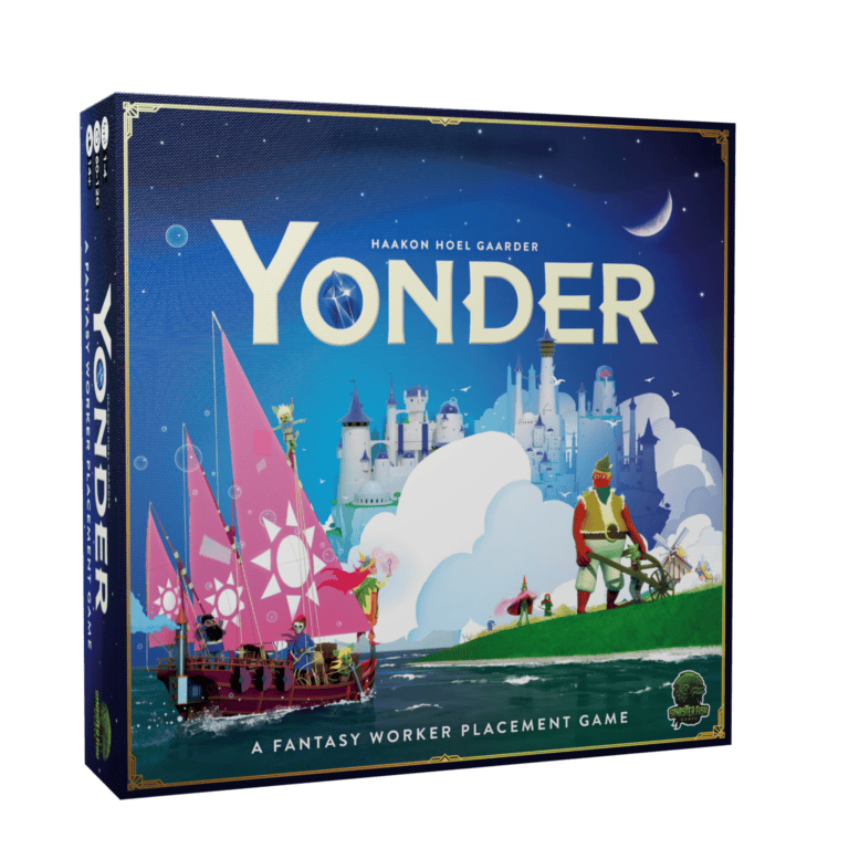 The box cover of the board game "Yonder" by Sinister Fish Games features a vibrant fantasy scene with a pink sailing ship, a castle on clouds, and characters engaged in various activities. The blue sky and lush landscape create an adventurous atmosphere, reminiscent of its Kickstarter origins.