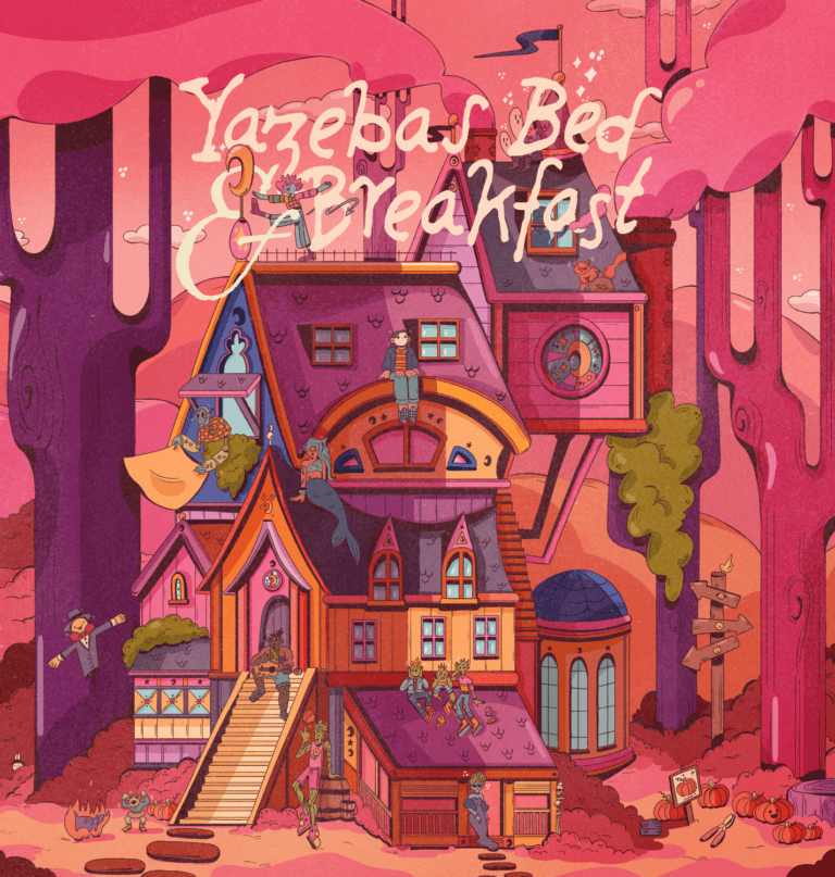 A whimsical illustration showcases a colorful bed and breakfast from Possum Creek Games, featuring quirky architecture and vibrant hues. People and animals are scattered around, enjoying a community event. The text at the top reads "Yazeba's Bed & Breakfast.