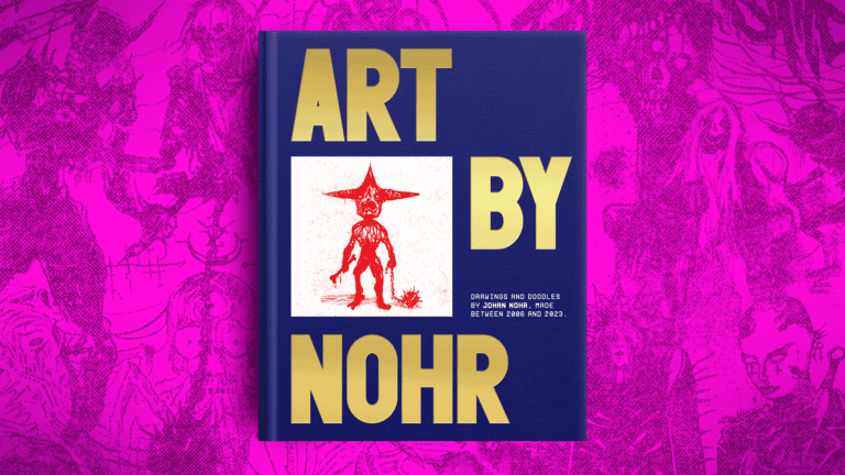 The image features a book titled "ART BY NOHR" in large gold letters on a blue cover, showcasing the creative genius of Johan Nohr. A small red sketch of a humanoid figure with a star-shaped hat is also displayed. The background is a bright magenta with faint abstract doodles inspired by Free League Publishing.