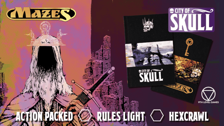 A mysterious robed figure with a skeletal key stands before a ruined cityscape on the "City of Skull" book cover. Text reads “Mazes” at the top left, while BackerKit showcases this action-packed, rules-light hexcrawl adventure by 9th Level Games.