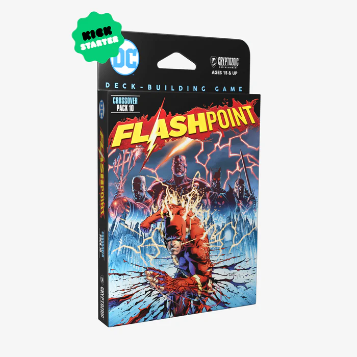 The Cryptozoic packaging showcases the "Flashpoint" crossover pack for the DC Deck-Building Game. Featuring a superhero in a lightning storm, it proudly sports a green "Kickstarter" label in the corner. Perfectly suited for ages 15 and up, this edition electrifies your gaming experience.