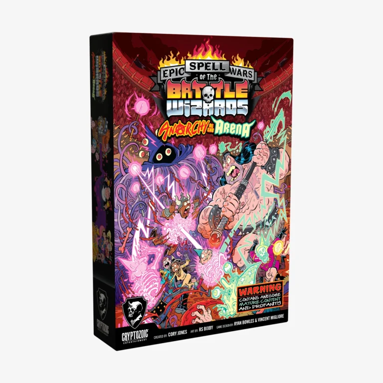 Box art for "Epic Spell Wars of the Battle Wizards: Annihilageddon" captures August's chaotic energy with colorful illustrations of wizards and creatures battling in anarchy at the arena, vibrant explosions, and dazzling magic. A warning label highlights mature content.