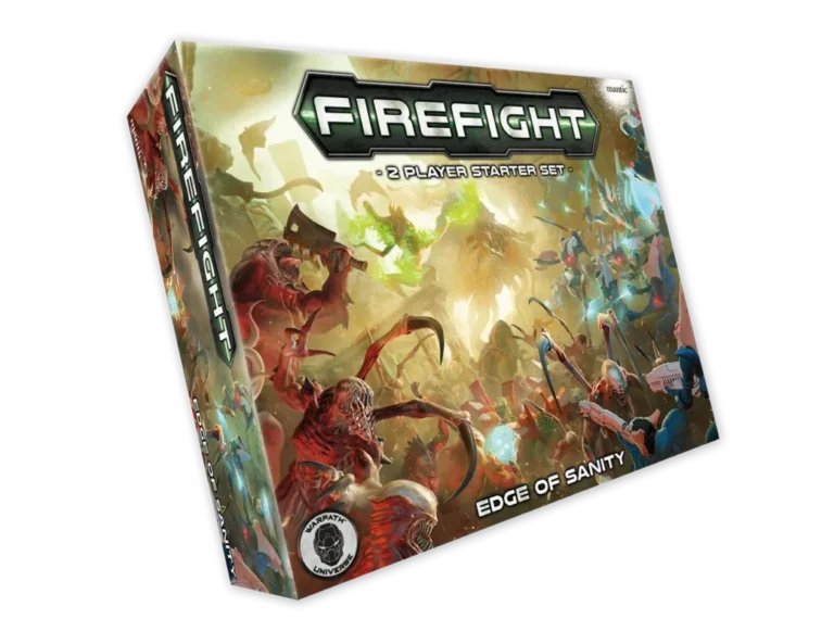 Box of the "Firefight: 2 Player Starter Set - Edge of Sanity" board game by Mantic Games. The cover showcases dynamic fantasy art with warriors and mystical creatures in combat, set against an intense, colorful battlefield backdrop.