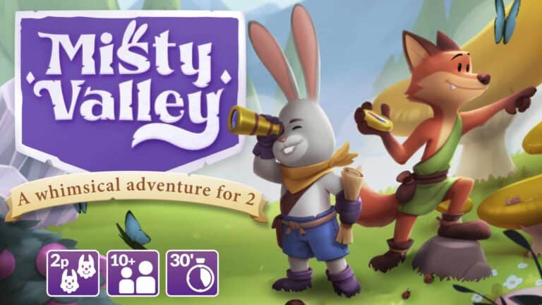 Cover art for "Misty Valley: A Whimsical Adventure for 2," a captivating tile-laying game. It features an adventurous fox and rabbit exploring a forest. Perfect for 2 players, ages 10+, with a playtime of 30 minutes. Uncover this enchanting journey on Kickstarter now!