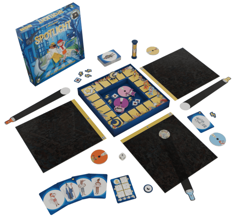 A thrilling board game setup features a central board with a character in the spotlight. Surrounding are player boards, cards, tokens, and a box labeled "Spotlight." This new game from Horrible Guild suggests a gripping detective or mystery theme perfect for enthusiasts.