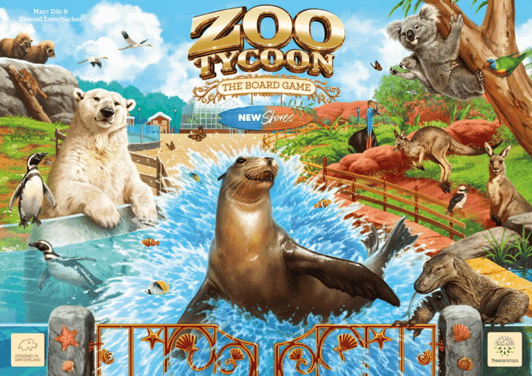 Cover of "Zoo Tycoon: The Board Game" featuring a vibrant menagerie, including a polar bear, sea lion, and koala, set against a lively zoo backdrop. A bold logo crowns the top. Explore extra thrills with expansion packs that introduce even more exotic animals to your board game adventure!