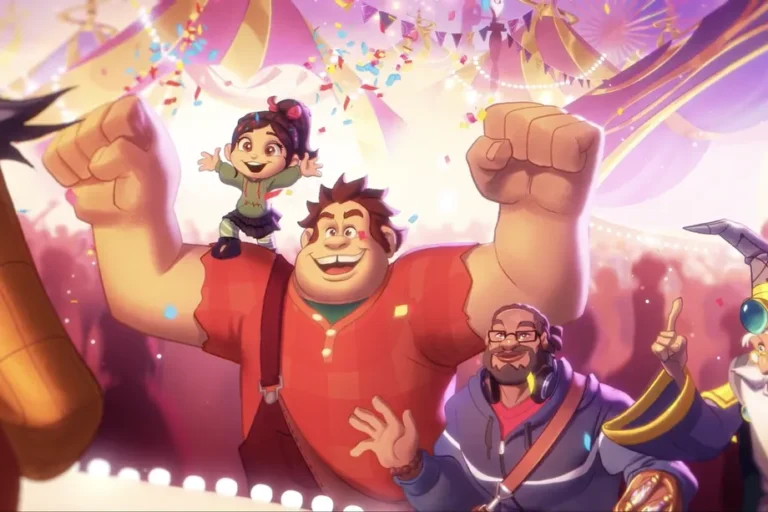 In an animated scene of a joyful celebration beneath shimmering skies, a large, muscular character in a red shirt joyfully raises a smaller character on one arm. The crowd, reminiscent of a Disney Lorcana expansion era, cheers among colorful decorations and falling confetti.