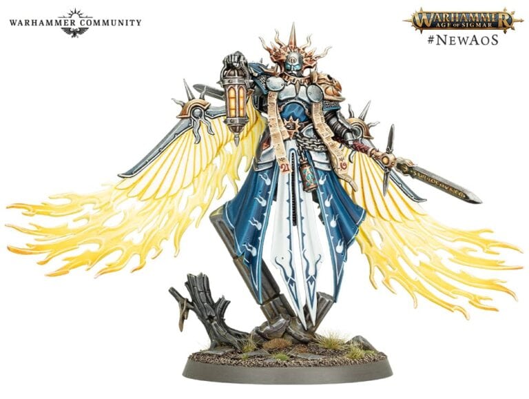 A detailed miniature figure of a warrior with golden, fiery wings, ornate armor, and a glowing lantern. The Warhammer Age of Sigmar figure stands on a rocky base, wielding a large sword. Branding is visible in the corners.