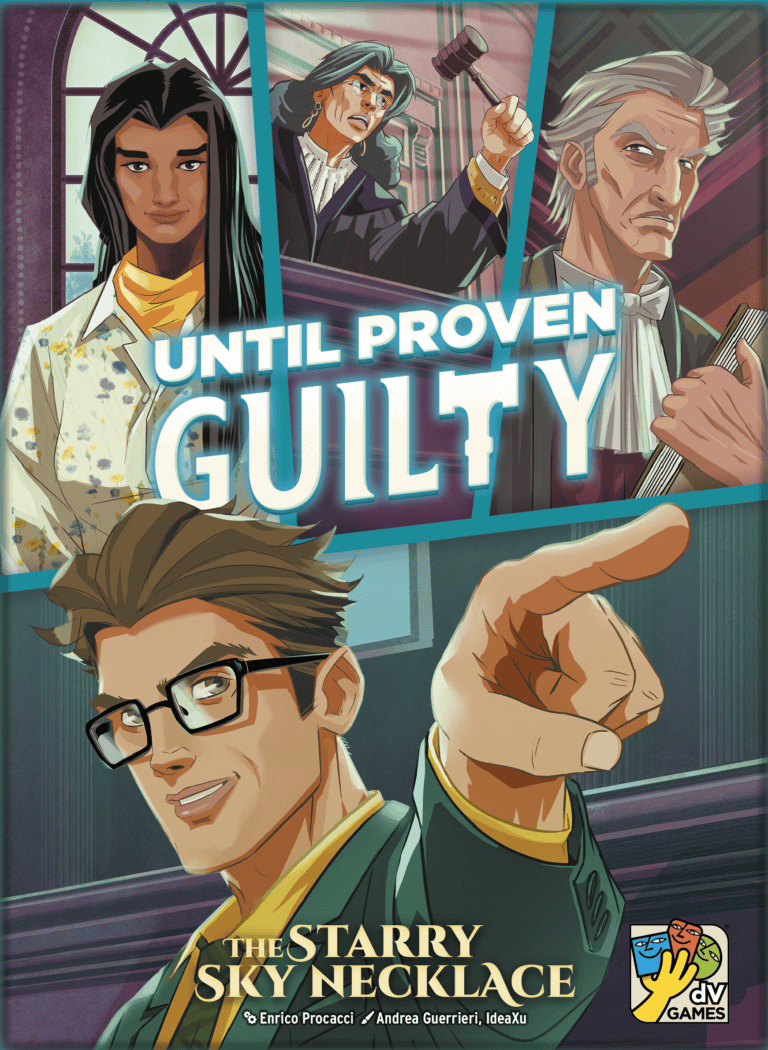 Illustrated poster for "Until Proven Guilty: The Starry Sky Necklace" by DV Games. Featuring four characters in a courtroom setting, akin to the suspenseful atmosphere of board games. A young man points confidently, a woman observes pensively, and two older men present contrasting emotions.