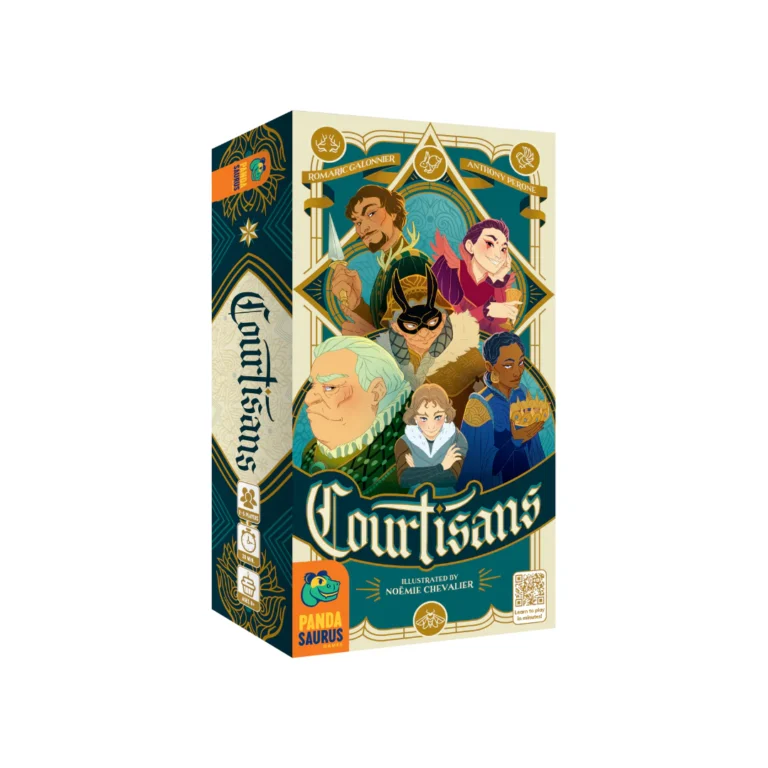 Box art for the strategy board game "Courtisans" by Pandasaurus Games. The cover features stylized illustrations of various characters in ornate clothing, set against a detailed, decorative background.