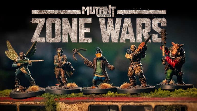 Miniature figures of mutant characters, like a humanoid bird and boar, stand on grassy terrain with "Mutant Year Zero: Zone Wars" boldly in the background. Crafted by Free League Publishing, these figures captivate fans with their intricate details and post-apocalyptic charm.