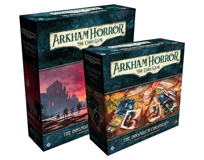 Two boxes of Fantasy Flight Games' "Arkham Horror LCG" featuring "The Innsmouth Conspiracy" expansion. The art displays eerie, mysterious imagery with dark colors and scenes, evoking a sense of suspense and adventure.