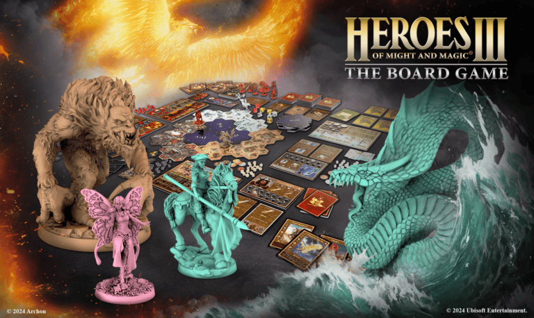 The "Heroes of Might and Magic III" board game setup showcases detailed miniature figures of a lion, dragon, and fairy. Amidst the fiery phoenix backdrop, the table is filled with game cards and components, hinting at expansions that enrich the HoMM III experience.