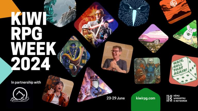 A vibrant collage for Kiwi RPG Week 2024 showcases thrilling adventures with fantasy and sci-fi characters, a laughing man, and event details. Text highlights "23-29 June," "kiwirpg.com," alongside logos of participating organizations. Dive into the activities at KiwiRPG!