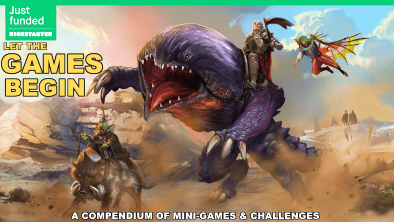 In a vast desert, three armored characters astride mythical creatures, including a large purple monster, set the stage for epic challenges. Text reads "Let the games begin: A compendium of mini-games & challenges." Perfect for your next D&D 5E adventure.