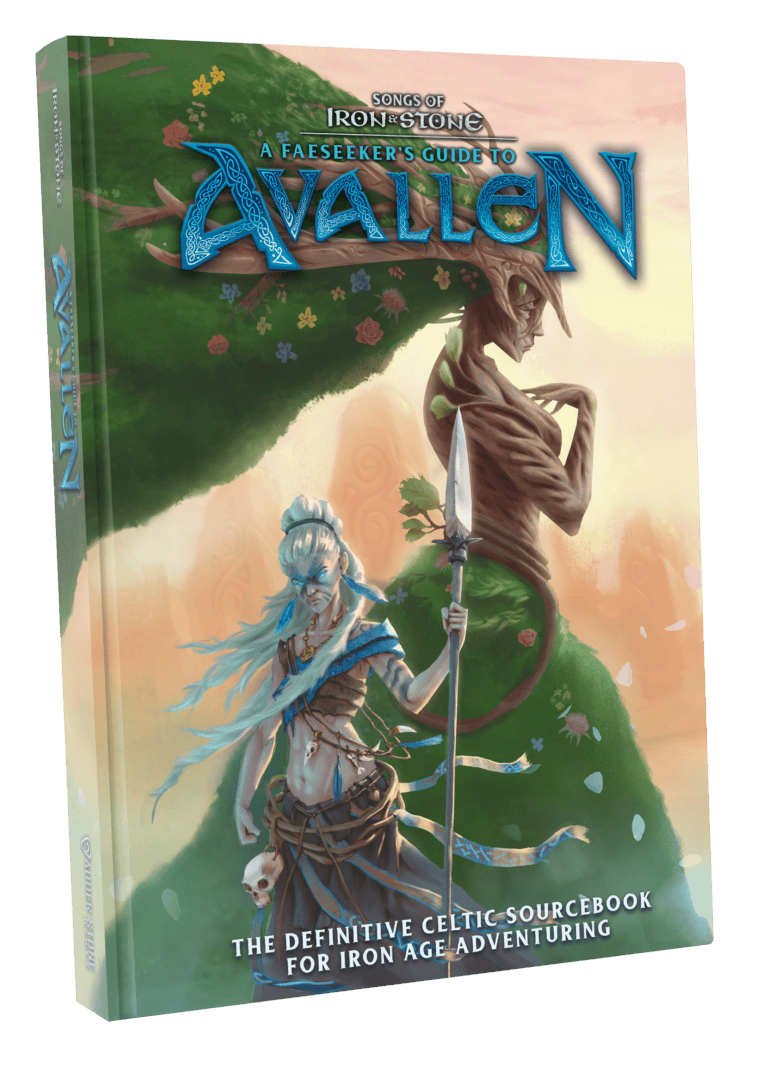 Cover of "A Faeseeker's Guide to Avallen," a Celtic-Inspired RPG sourcebook. It showcases a mystical figure with blue markings and glowing symbols, wielding a sword. In the background, a mythical creature with a long tail enhances the adventure-themed design.