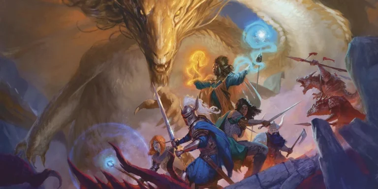 A group of adventurers, guided by a Transition Plan, wield swords and magical auras as they face a massive dragon. Standing on rocky terrain under the 5.5E Ruleset, they're ready for battle while the dragon looms above in this dramatic, fantasy landscape.