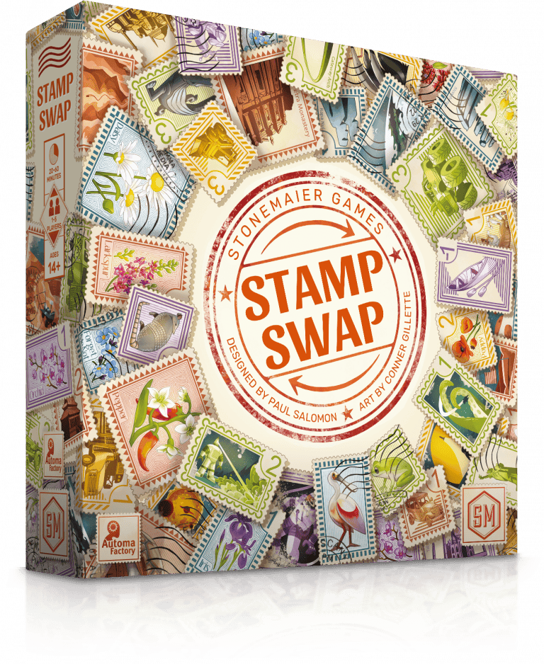 The board game box for "Stamp Swap" by Stonemaier Games is a vibrant masterpiece, launching players into a world of colorful stamps with diverse designs encircling the bold title at the center.
