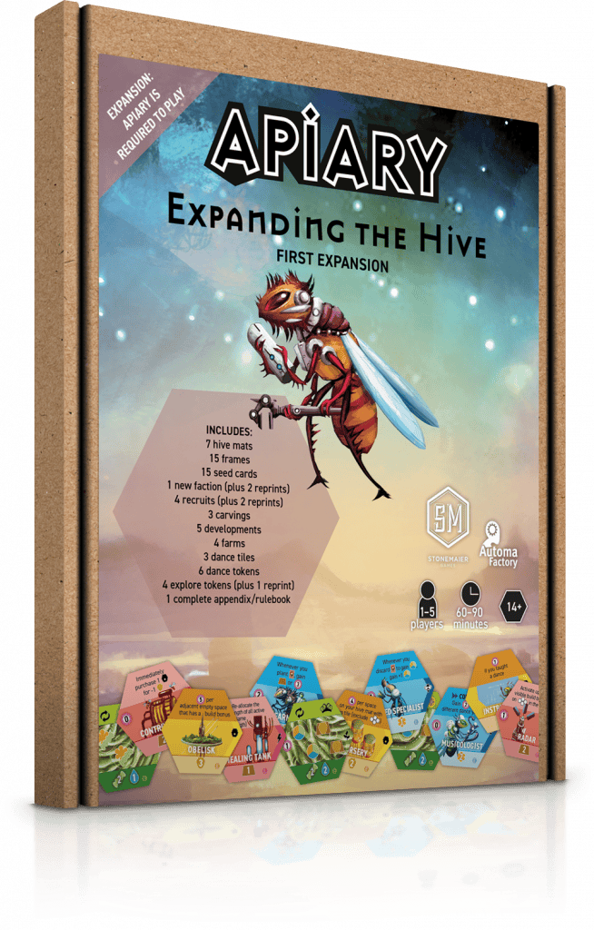 Board game box for "Apiary: Expanding the Hive," a Stonemaier Games production. Features a wasp-like creature holding a futuristic tool on a gradient sky background. Includes details about game components like cards, tiles, and the new faction expansion. Suitable for ages 14+, 1-5 players.