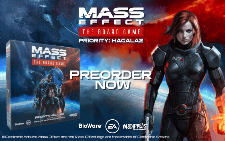Promotional image for "Mass Effect: The Board Game" featuring a space-themed background. A central figure in black armor stands alongside detailed miniatures and a box of the board game on the left. Text reads "MASS EFFECT The Board Game Priority: Hagalaz. PREORDER NOW." Logos of BioWare, EA, and Modiphius.
