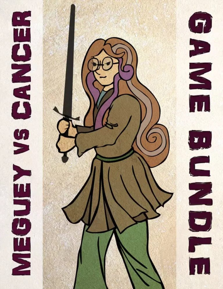 Illustrated cover featuring Meguey Baker, a character in glasses and long hair wielding a sword. The text reads "Meguey vs Cancer Game Bundle," available on DriveThruRPG. Dressed in a tunic and pants, this renowned TTRPG designer brings adventure to life.