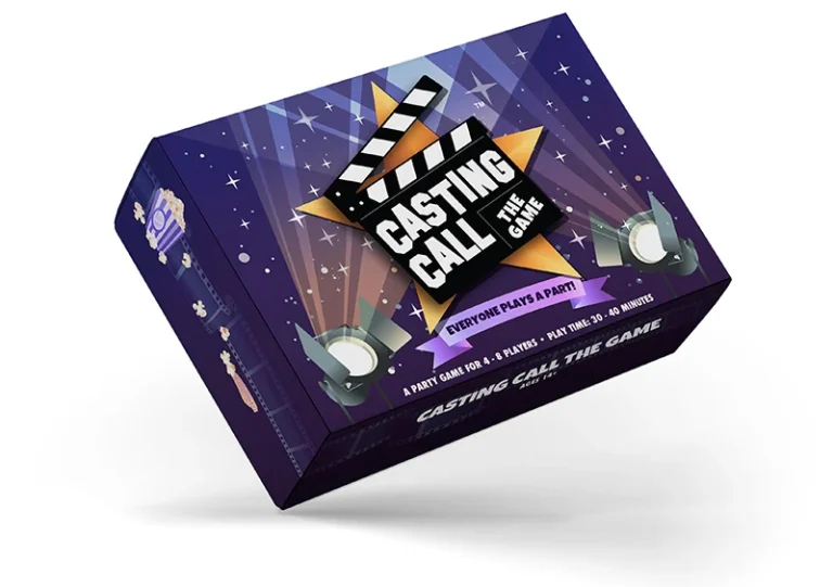 The box of "Casting Call: The Game" features a clapperboard design and spotlights against a purple, starry Hollywood set background. Text reads, "Everyone Plays a Part! A party card game for 4-14 players. Play time: 20-40 minutes.