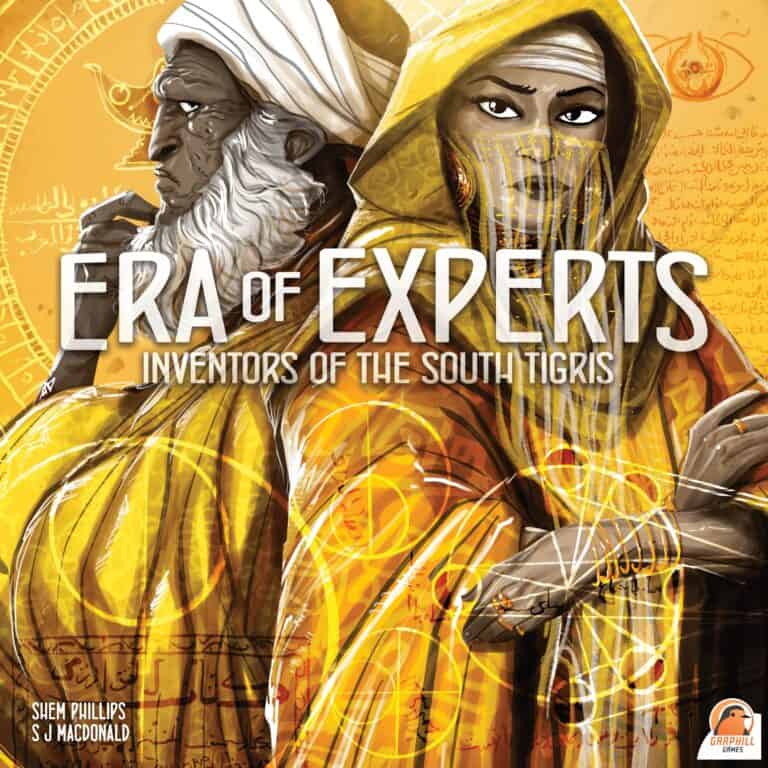 The illustrated cover for "Era of Experts: Inventors of the South Tigris" from the South Tigris Trilogy by Shem Phillips and S. J. Macdonald showcases two figures in traditional attire, intricate scientific designs, and Arabic script. This Garphill Games creation is now live on Kickstarter.