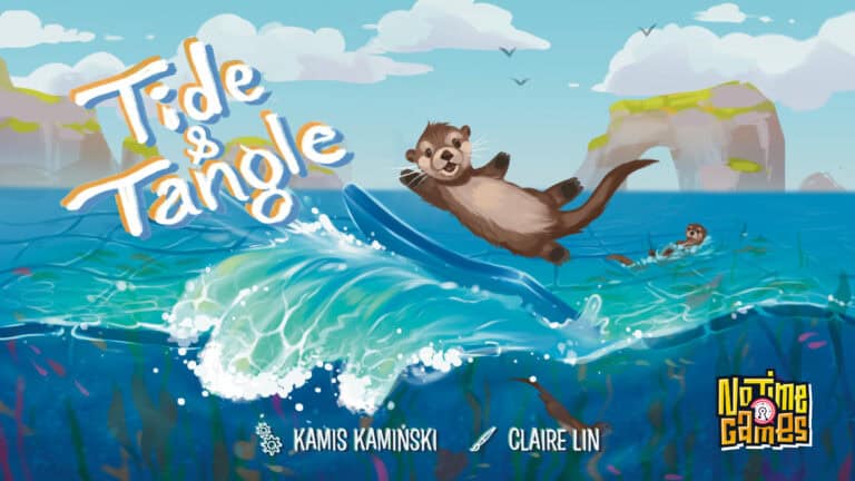 An illustrated sea otter gleefully slides down a large blue wave in the ocean under a sunny sky. The text reads "Tide & Tangle," hinting at a refreshing board game adventure. In the background, a person floats on a pool noodle, while logos and credits appear at the bottom.