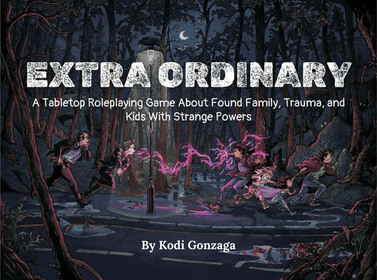 Illustration of a tabletop roleplaying game cover titled "Extra Ordinary" by Kodi Gonzaga. It captures childhood wonder and danger as kids with glowing powers chase a creature through a dark forest, all eerily illuminated by a lone street lamp.
