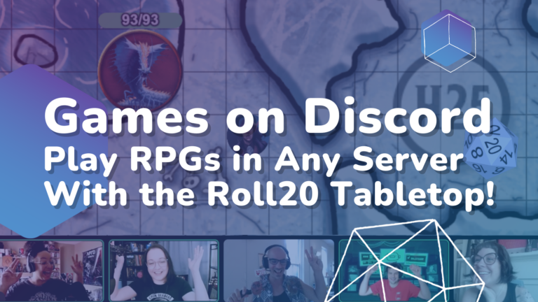 Promotional image for "Games on Discord" featuring a map, a red dragon, and a virtual tabletop interface with people video chatting. Text reads: "Roll20 Announces Discord Integration - Play RPGs in Any Server With the Roll20 Tabletop!