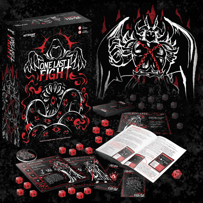 One Last Fight," a thrilling RPG adventure by Hit Point Press, showcases dramatic black, red, and white artwork. The game includes a box, cards, dice, and an open booklet featuring illustrations of a menacing figure and tentacles.