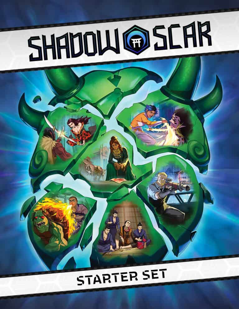 The cover art for R. Talsorian Games' "Shadow Scar Starter Set" showcases a green, horned mask. Within its design are scenes of fantasy characters battling, casting spells, riding dragons, and strategizing. The title crowns the top while "Starter Set" anchors the bottom.