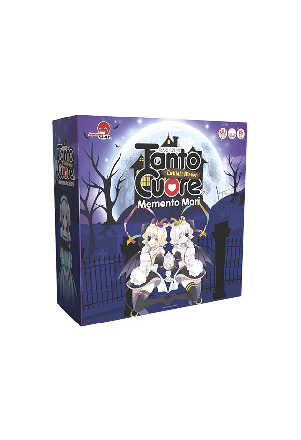 The box cover of "Tanto Cuore: Memento Mori" by Japanime Games showcases anime-style artwork, with two characters posed against a moonlit, gothic backdrop of bare trees and an iron fence.