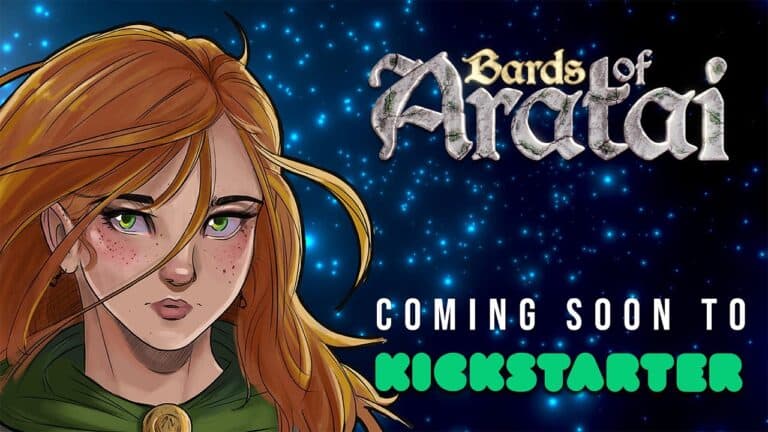 Illustration of a character with long red hair and green eyes against a starry background. Bold text reads "Bards of Aratai" and "Coming Soon to Kickstarter." Inspired by Dice Legenz, this stunning artwork teases the magic of the upcoming D&D YouTube series adventure.