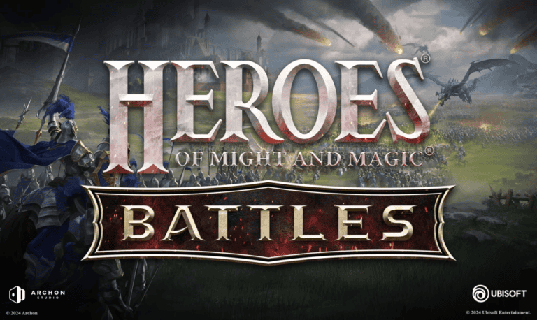 Cover art for "Heroes of Might and Magic: Battles," featuring a knight in blue armor on the left and a dragon soaring in the sky on the right. The landscape showcases a castle and warriors in the background, embodying Archon Studio's tabletop game vibe. Logos of Archon and Ubisoft are at the bottom.