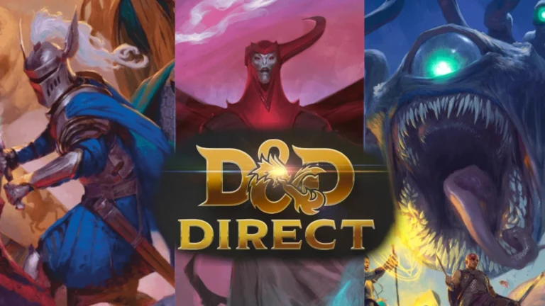 Fantasy-themed artwork with a knight on the left, a red-robed figure with a sinister expression in the center, and a large, one-eyed creature on the right. The text "D&D Direct" is prominently displayed across the middle of the image, hinting at new adventures from the 2025 Player's Handbook.